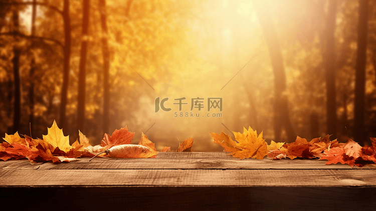 秋天森林树叶日光木桌广告背景