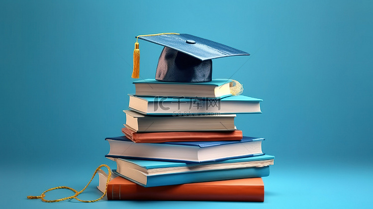 蓝色背景与 3D 书籍和毕业帽