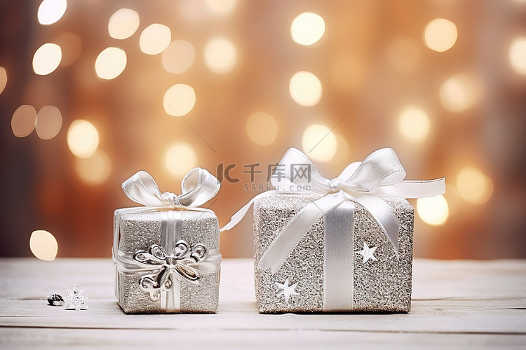 白色和银色的礼物盒，木制背景上