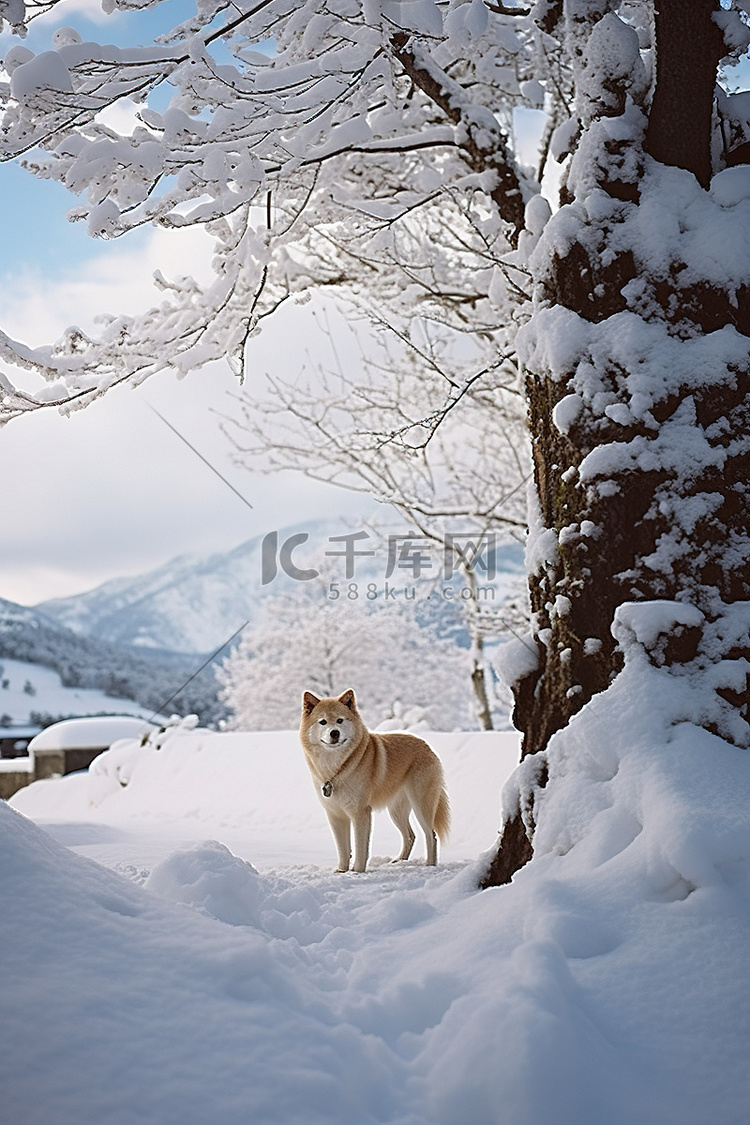 一只狗站在外面雪地里的树下