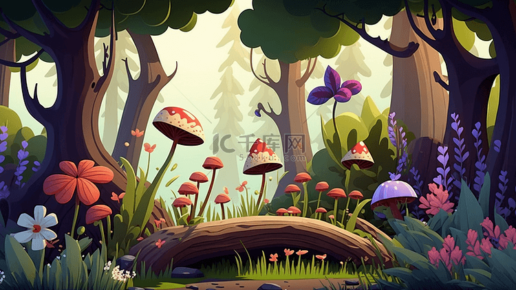 花丛蘑菇树林卡通插画背景