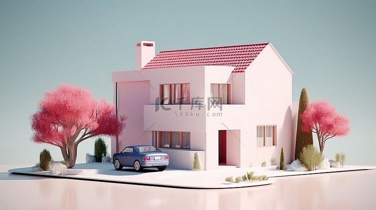白墙上住宅物业的 3D 渲染插图