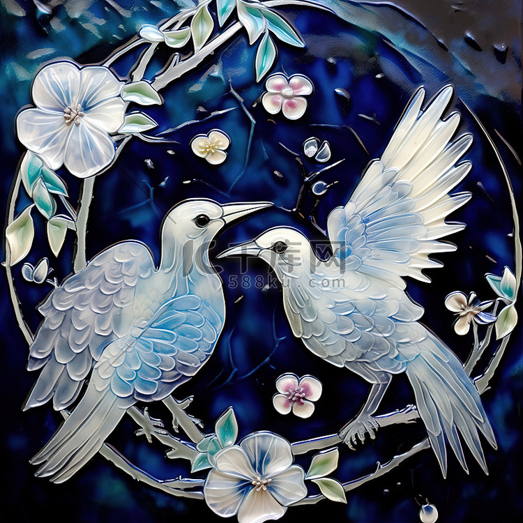 两只鸟坐在蓝蜻蜓和花下面