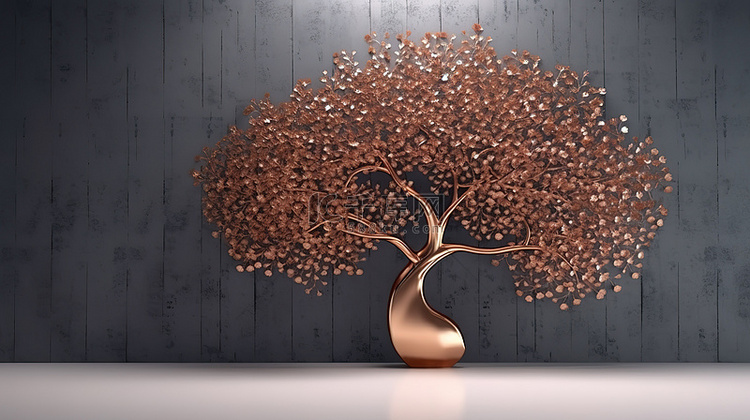 3D 渲染灰色墙上的铜金树，具