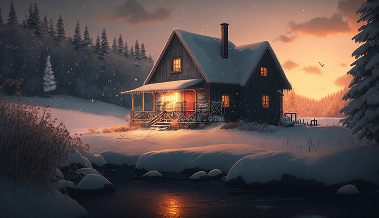 雪地日落小屋背景