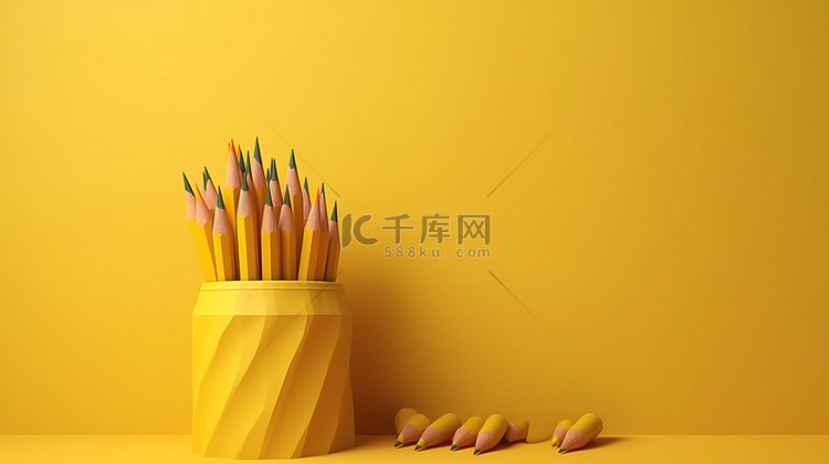 带铅笔的黄墙通过 3D 渲染增