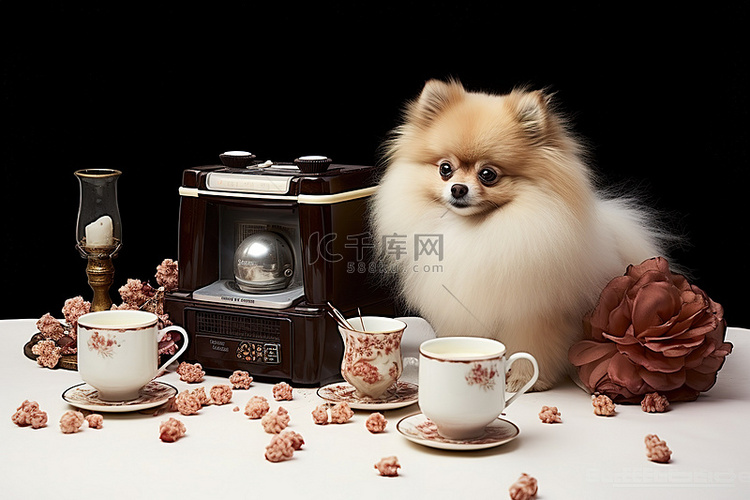 博美犬小狗用咖啡和收音机