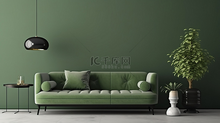 客厅 3D 渲染，配有绿色沙发