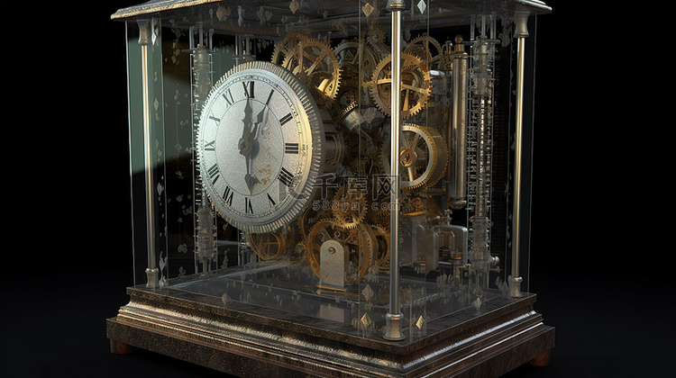 玻璃展示柜中的古董钟表 3d 