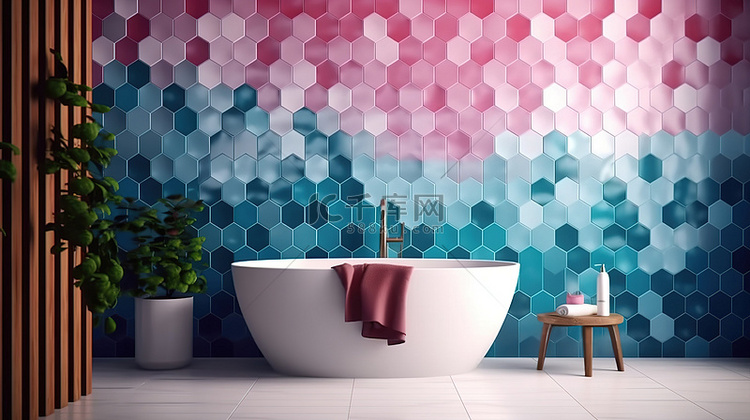 现代浴室设计，采用粉色和蓝色色