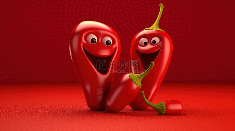 充满活力的红色背景下卡通红辣椒