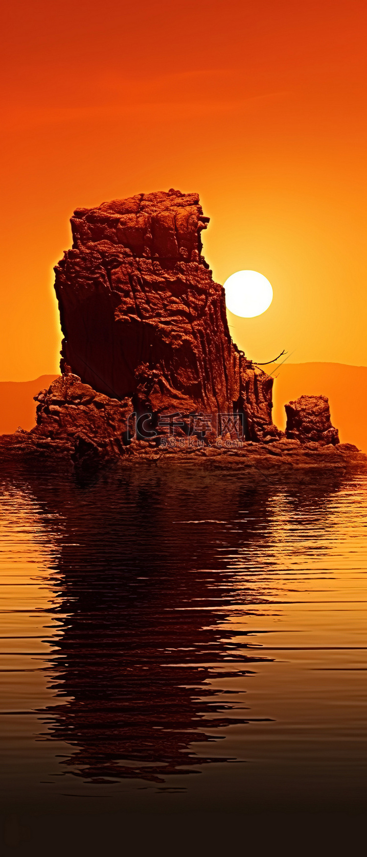日落照片中的岩石岛