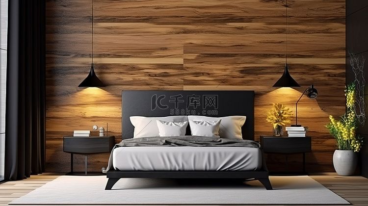 现代卧室内饰，配有木质边桌和时