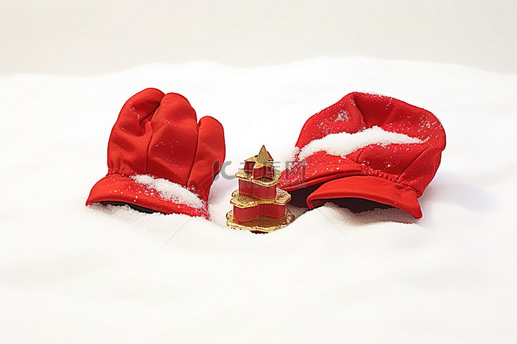 雪下放着两顶带手套和礼物的红色