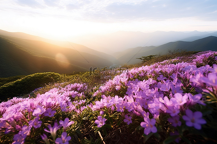 花朵在日出时在山中绽放，可欣赏