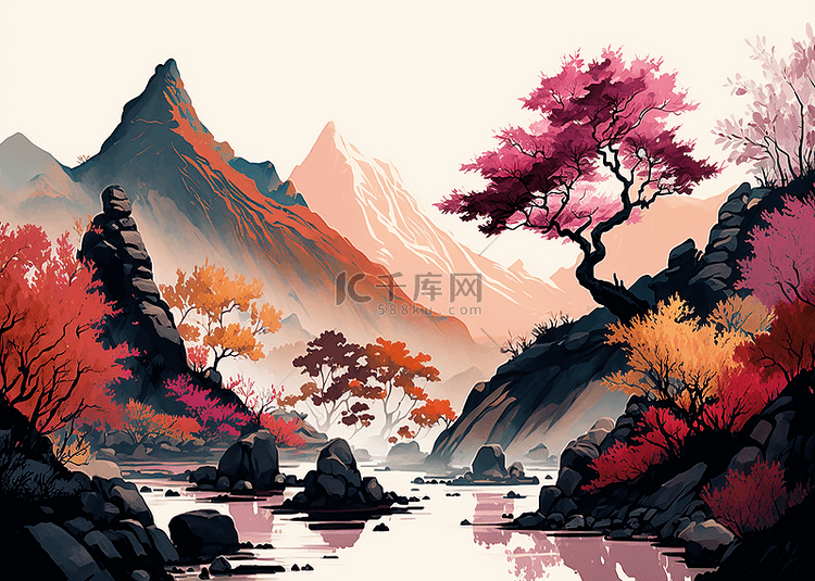 山峰粉色水墨画背景