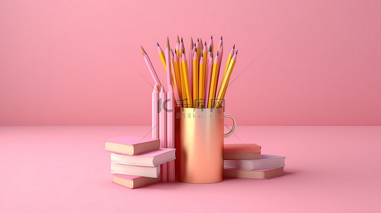 粉红色背景与书和铅笔反映教育和