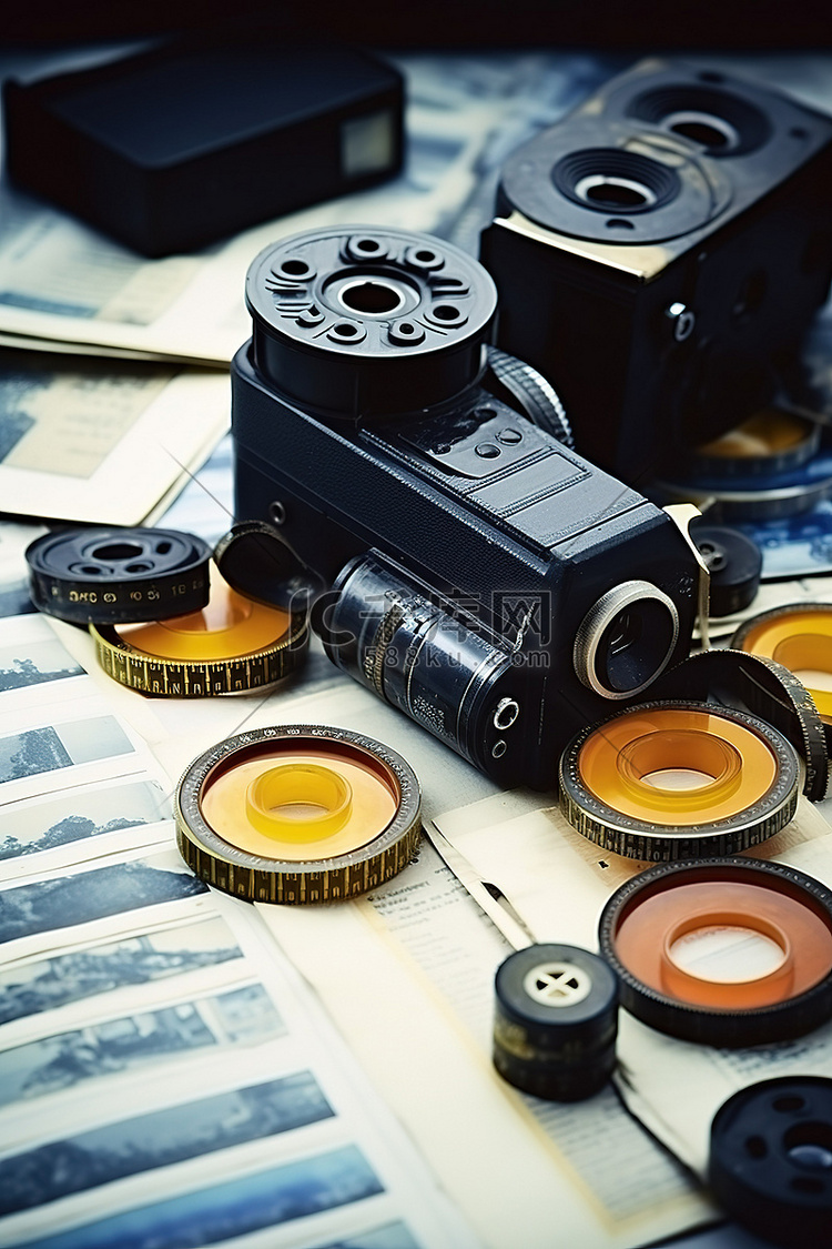 一张带有旧相机胶片卷带和胶片卷