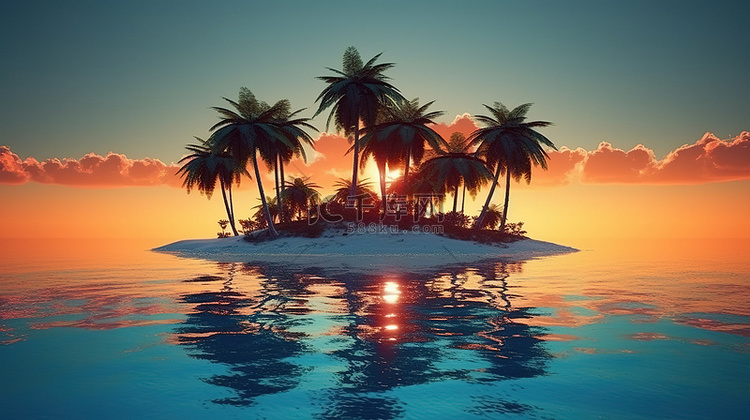 海洋中棕榈树岛日落的 3D 渲染