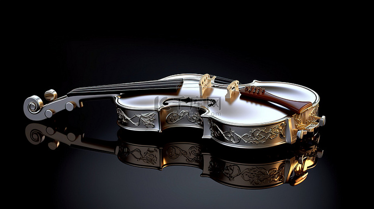 银色小提琴和弓的黑色背景 3D