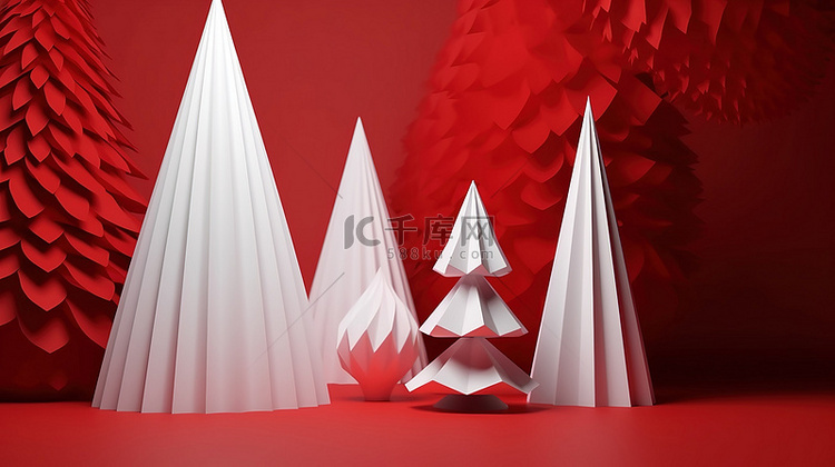 极简主义的圣诞树，由平面白纸制
