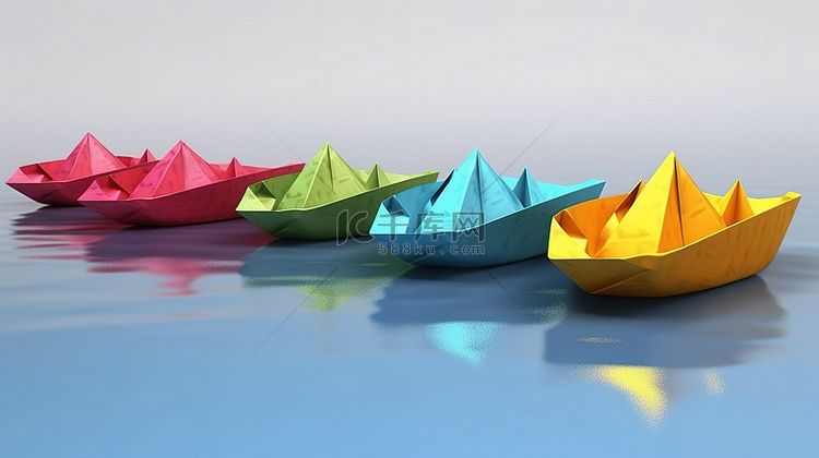 充满活力的 3D 渲染纸船，彩虹色