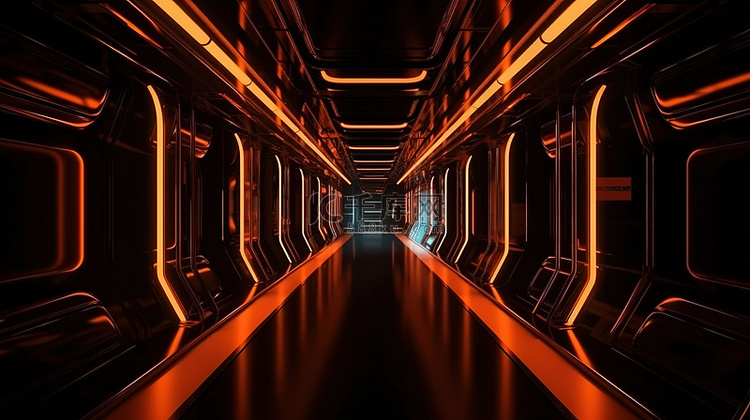 科幻插图霓虹橙色宇宙飞船走廊在