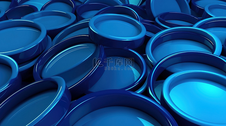 3D 渲染的圆形蓝色壁纸堆栈