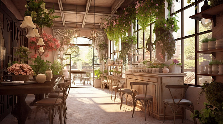 咖啡店和花店的 3D 效果图