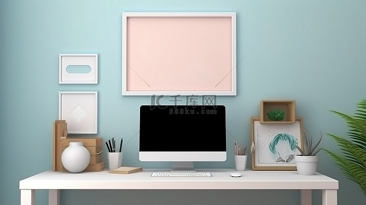 家庭办公室 3D 渲染相框和桌
