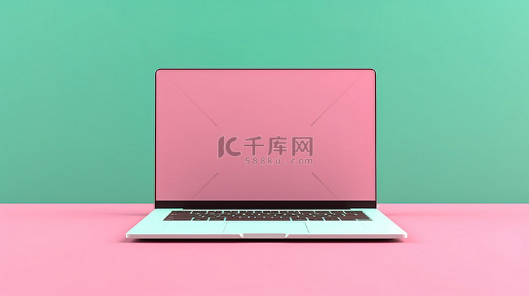 带白色屏幕的粉色笔记本电脑的绿