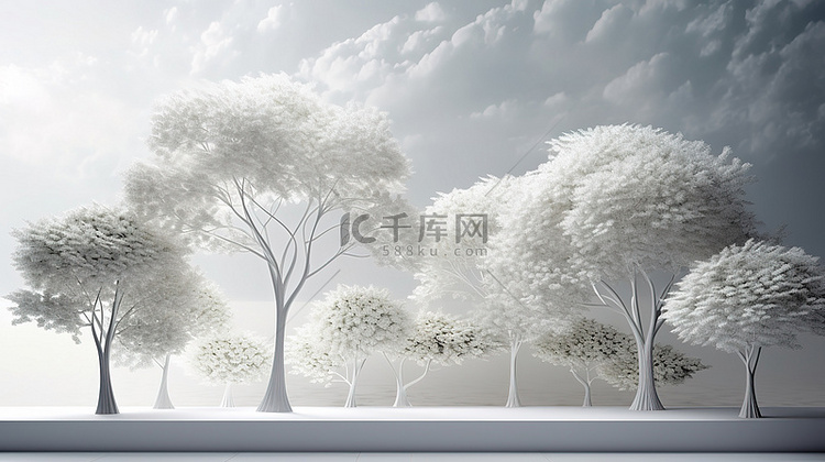 白色 3d 森林景观与树木