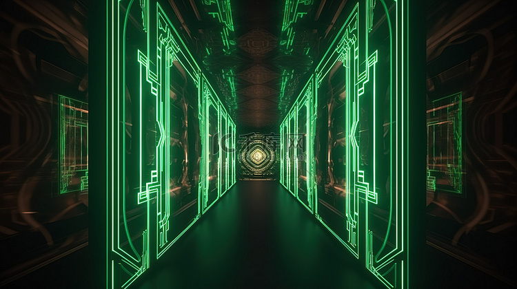 绿色霓虹灯照明装饰走廊，具有几