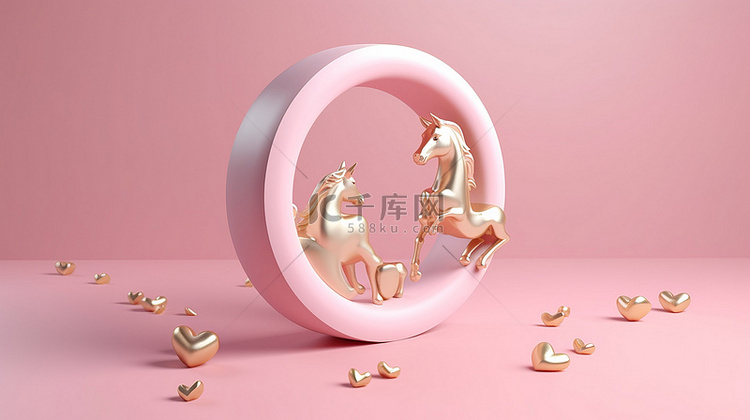 现代 3D 渲染情人节粉红圆圈