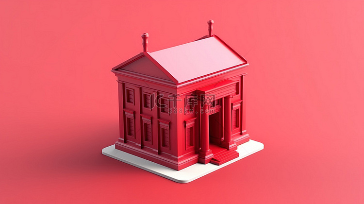 微型古建筑的单色红色平面和立体