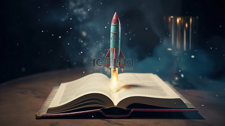 3D 宇宙飞船火箭在书籍背景上