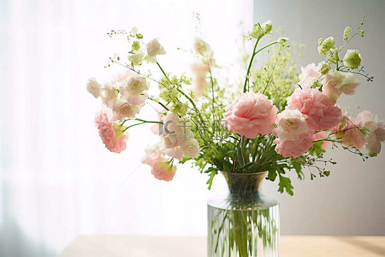 一个花瓶，上面有粉色和绿色的花