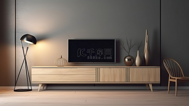 现代电视柜模拟，采用木质饰面和