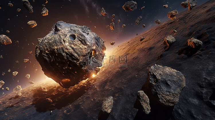 黑暗空间小行星科幻场景的 3D