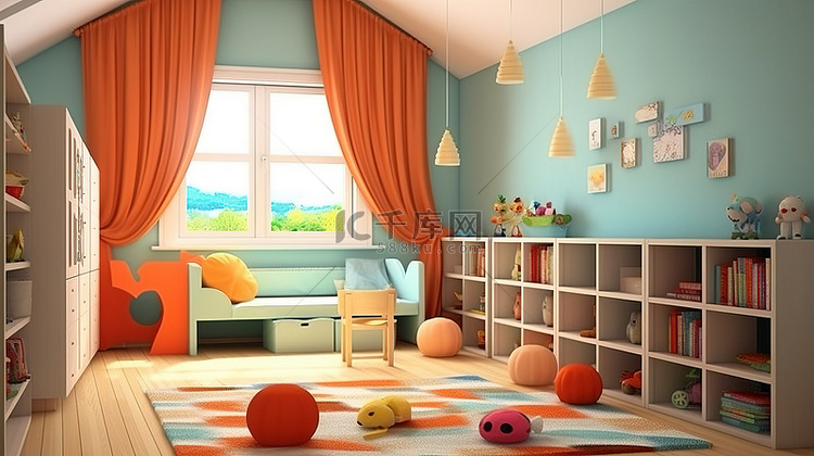 3D 插图中儿童卧室的室内视觉