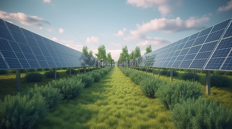 工业绿地是 3D 渲染太阳能电