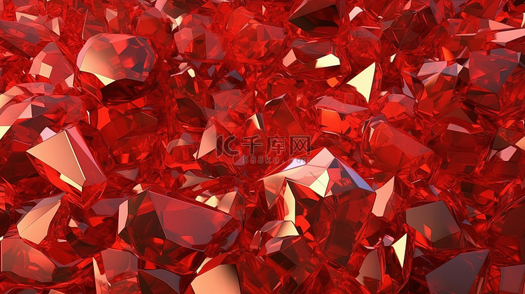 红色背景与 3D 渲染的玻璃碎