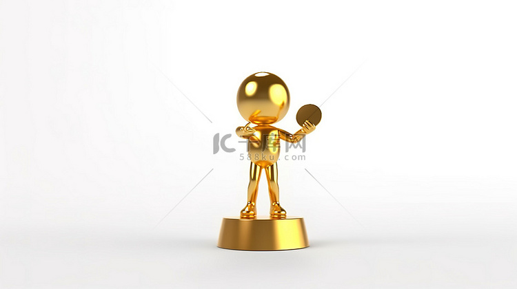 金色奖杯吉祥物的 3D 渲染与