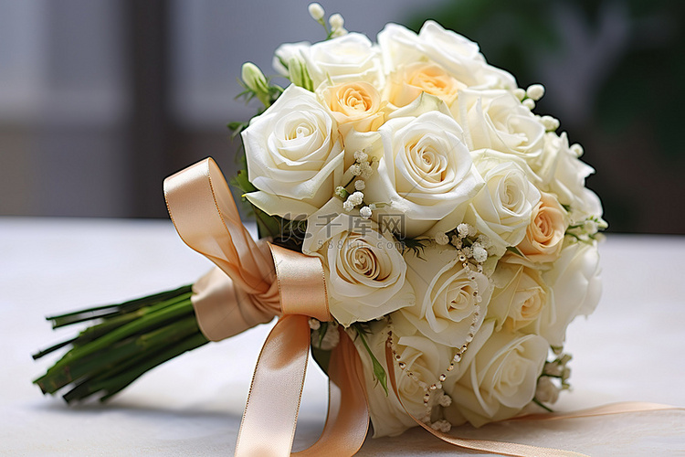 白色花新娘花束和丝带金棕色
