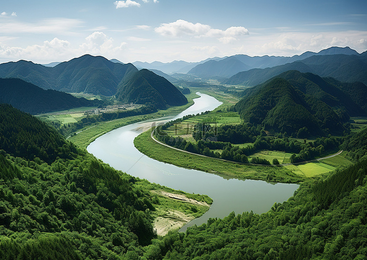 河流的鸟瞰图，周围是绿色的山谷