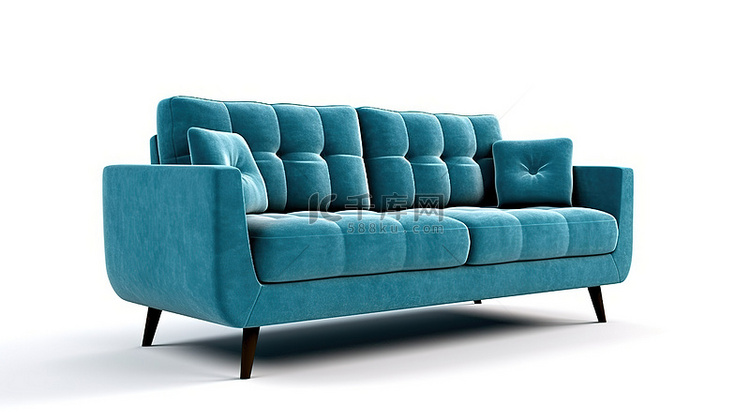 白色背景蓝色沙发的 3d 渲染
