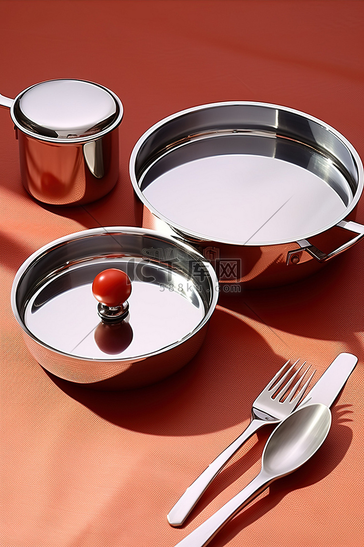 一套餐具，由金属平底锅勺和木勺