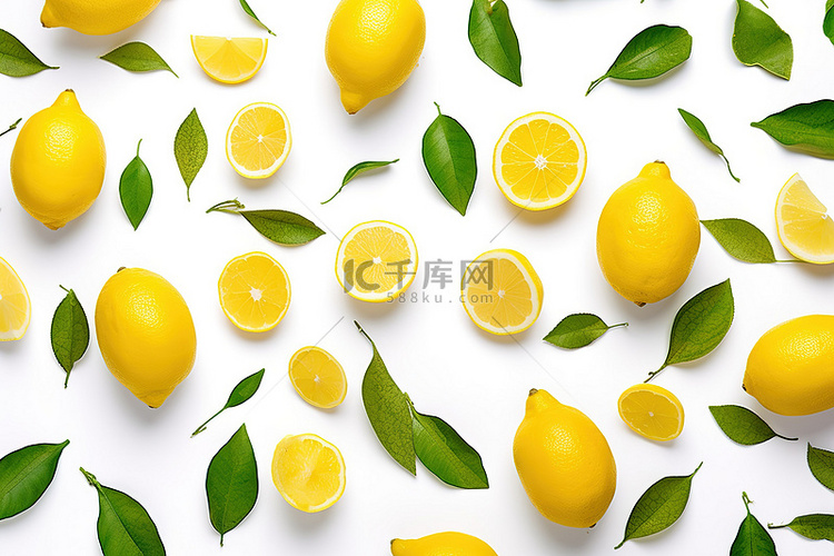 新鲜柠檬背景与叶子