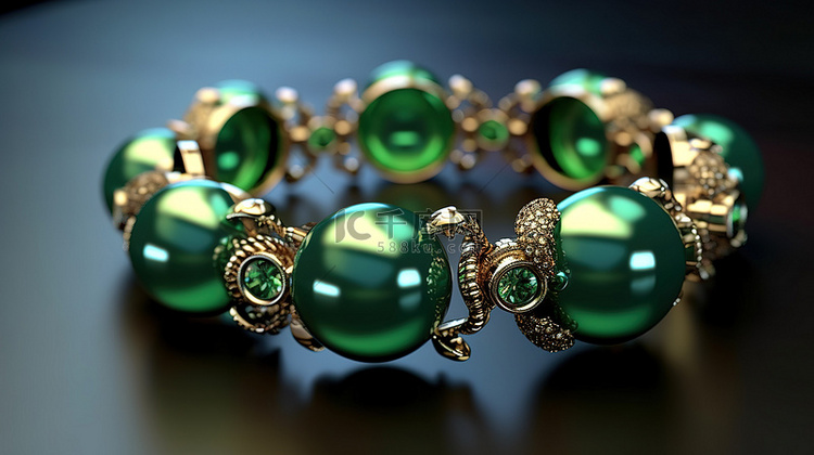 时尚手链，饰有光泽珍珠和绿色莱