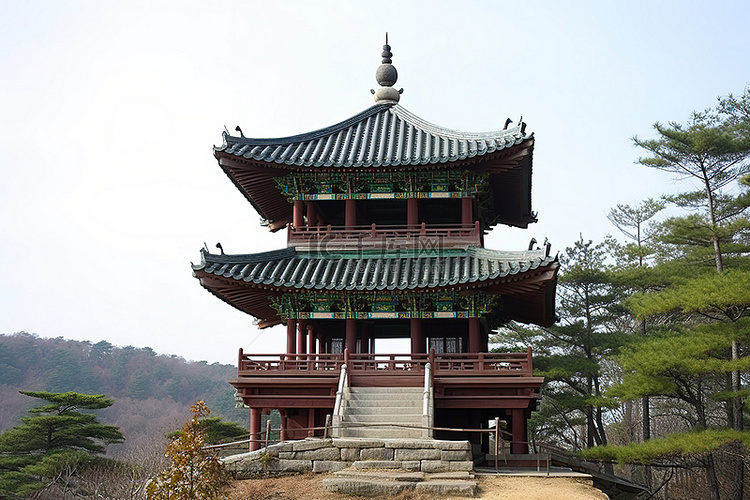 一座亚洲宝塔坐落在山顶上